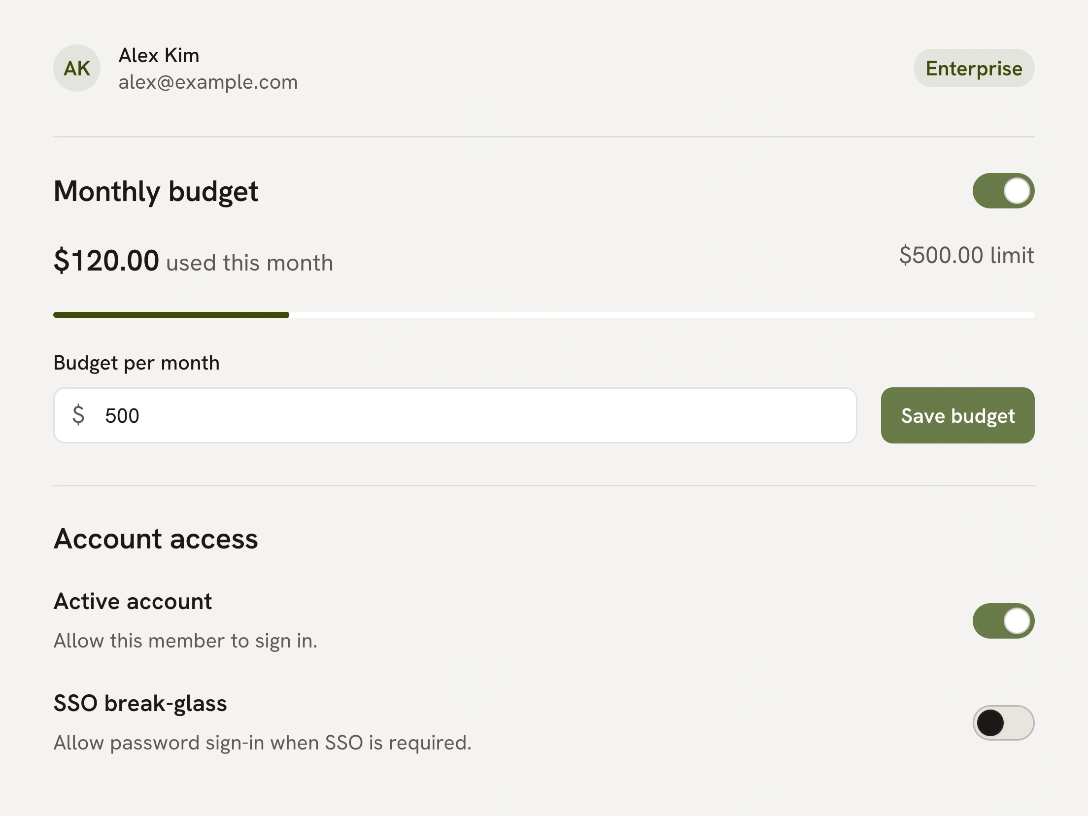 Monthly member budget and account access controls.